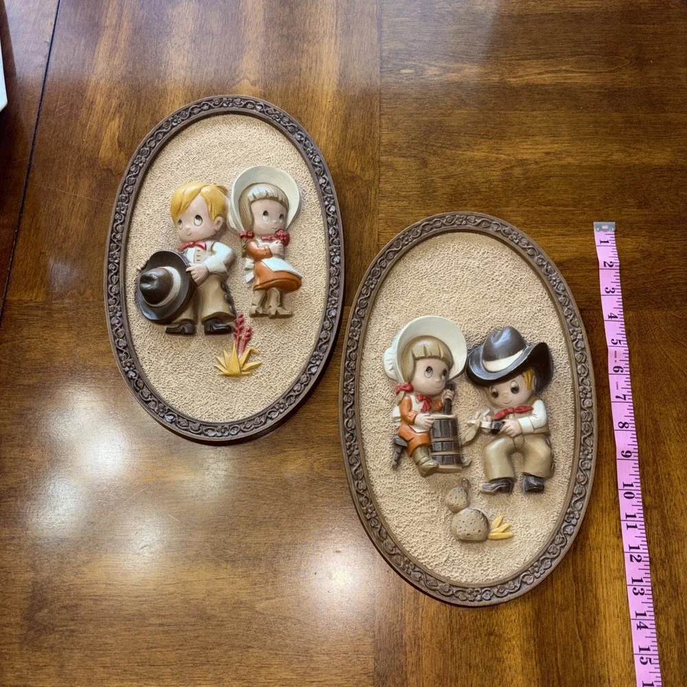 Vintage Pair of 2 Homco Hubbell Oval Wall Plaques with Cute Cowboy & Cowgirl